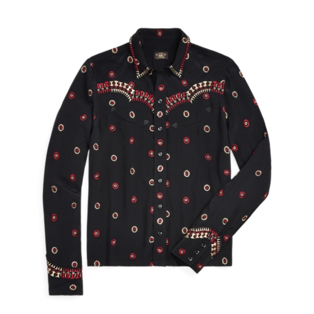 RRL Ralph Lauren Western Embroidered Georgette Blouse Black Red 2